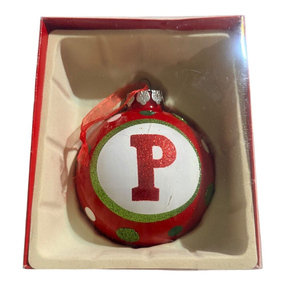 Glass Monogram Christmas Ornament Letter P Red Green Glitter Polka Dot Boxed